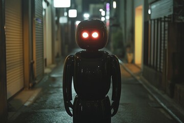 Poster - Robot standing alone in a dark alley with glowing eyes at night in a modern urban setting