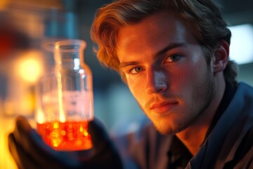 Poster - Young man analyzing orange liquid in laboratory setting during evening light