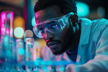 Aufkleber - Scientist conducting research with test tubes in a laboratory illuminated by colorful lights