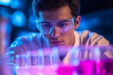 Aufkleber - Young scientist conducts experiments with colorful liquids in a laboratory environment during evening hours