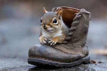 Poster - Squirrel comfortably resting in an old boot in a serene outdoor setting