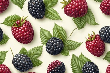 Poster - A seamless pattern featuring vibrant illustrations of raspberries and blackberries with their lush green leaves.