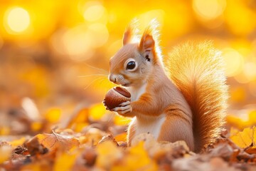 Poster - Squirrel holding an acorn among vibrant autumn leaves in a serene forest during golden hour