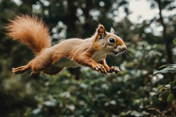 Aufkleber - Squirrel leaps through the air among the trees in a forest setting during daylight hours