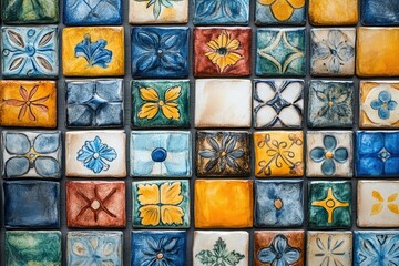 Leinwandbilder - A colorful mosaic of hand-painted square tiles, showcasing various floral and geometric designs.