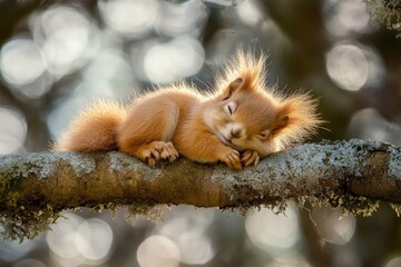 Aufkleber - Adorable squirrel sleeps peacefully on a branch in a forest during daylight hours