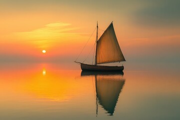 Aufkleber - A lone sailboat glides serenely across calm waters, bathed in the warm glow of a setting sun.