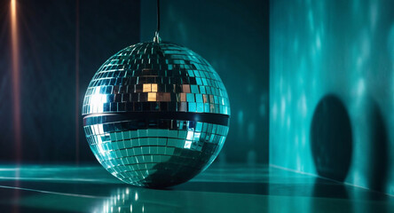 Wall Mural - A digital painting of a shiny mirrored disco ball against a wall with reflections, ample copy space, rich deep teal tones, luxurious and vibrant aesthetic, diffused shadows, and subtle illumination