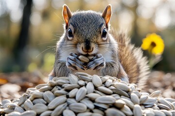 Poster - Squirrel enjoying a feast of sunflower seeds in a sunny park during autumn
