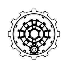 Nested gear mechanism, a monochrome engineering illustration in a simple minimalistic style.