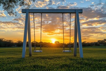 Aufkleber - Empty swing set silhouetted against a vibrant sunset, peaceful and serene.