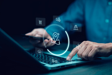 Aufkleber - man using laptop with virtual world and model map with location point , gps app, icon travel maps an