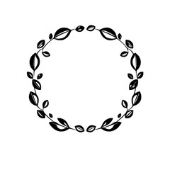 Wall Mural - Minimalist round wreath, monochrome floral garland of stylized leaves on white.