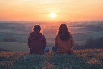 Poster - Two women sitting on a hilltop, watching a breathtaking sunset over a vast, rolling landscape.