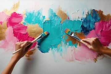 Aufkleber - Two hands paint vibrant, abstract strokes of pink, teal, gold on canvas.