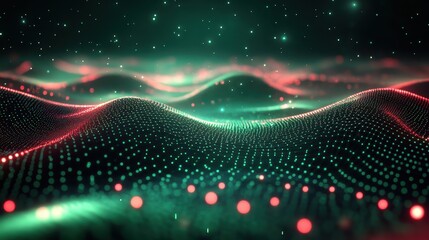 Poster - Abstract red-green data waves, glowing particles, night sky background