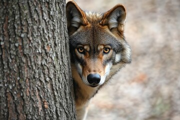 Poster - Wolf peeking around a tree in a forest during daylight hours in a natural habitat