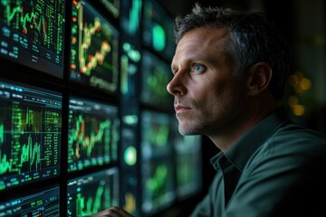 Poster - A man intently studies multiple stock market screens displaying financial data and graphs.