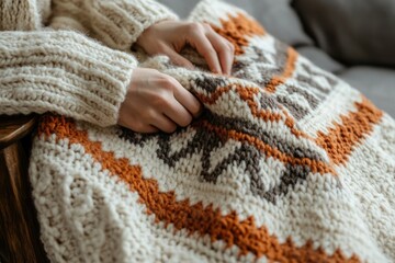 Aufkleber - Woman's hands gently holding a warm, hand-knitted blanket with autumnal colors.