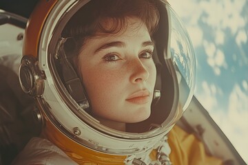 Poster - Young woman astronaut admires Earth from spacecraft during space mission in the 1960s