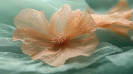 Poster - Peach blossoms on teal fabric, soft light, elegant background, wedding invitation