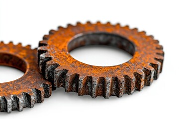 Poster - Two rusty cogwheels interlocked, showcasing wear and texture, suggesting industrial history.