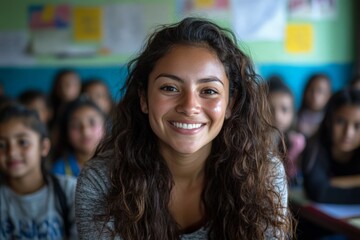 Fototapete - Smiling teacher engaging students in a lively classroom filled with eager learners
