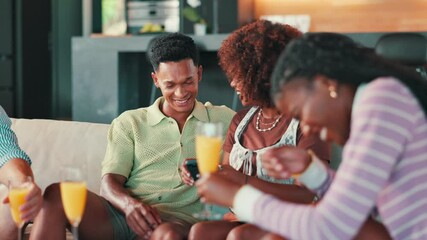 Poster - People, phone and laugh on sofa at social media, birthday party and conversation with joke. Couple of friends, relax and chatting in home with mobile, browsing meme website and communication at event