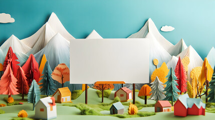 white billboard standing in a handcrafted environment with mountains, trees, and houses cut from col