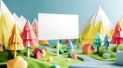 white billboard standing in a handcrafted environment with mountains, trees, and houses cut from col