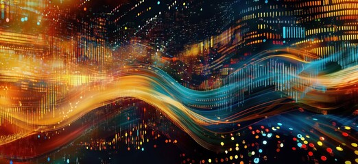 Poster - Abstract digital landscape with vibrant light trails, glowing dots, and colorful patterns representing data flow and technology, copy space for text