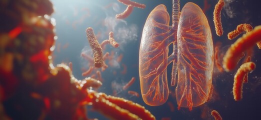 Poster - Lungs and Bacteria Interaction in Human Respiratory System, 3D Visualization of Pulmonary Anatomy and Microbial Life, copy space for text