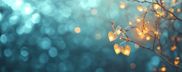 Wall Mural - Glowing heart-shaped lights on a branch with a dreamy bokeh background, creating a romantic and enchanting atmosphere, copy space for text