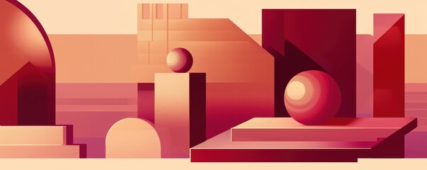 Poster - Geometric Abstract Composition with Shapes and Gradients in Warm Tones, Featuring Spheres, Rectangles, and Circles, copy space for text