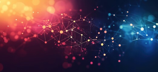 Poster - Abstract digital network connections with vibrant colors and glowing nodes, representing data flow and technology innovation, copy space for text