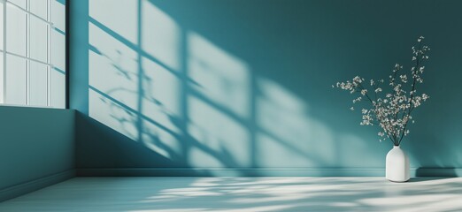Poster - Minimalist interior design with blue wall, natural light, and decorative vase with flowers casting shadows, copy space for text