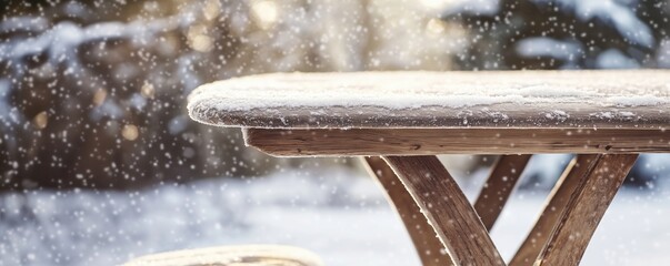Poster - Snow-covered wooden table in winter landscape with falling snowflakes and blurred background, copy space for text