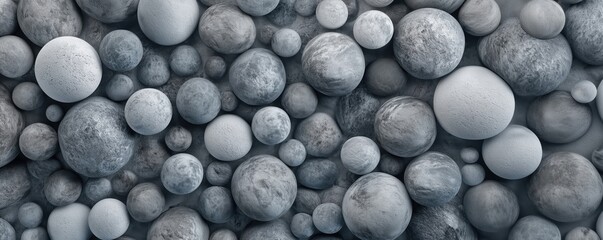 Poster - Abstract composition of spherical shapes in various sizes and textures, showcasing a monochromatic palette of grays and whites, creating a visually striking pattern, copy space for text