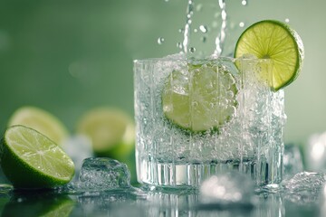 Poster - Refreshing drink with lime slices and ice cubes splashing in a clear glass