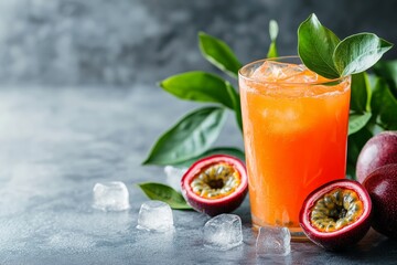 Poster - Refreshing passion fruit drink with ice and fresh leaves on a textured surface