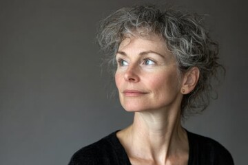 Poster - Woman with curly gray hair gazes thoughtfully to the side in a neutral-toned setting