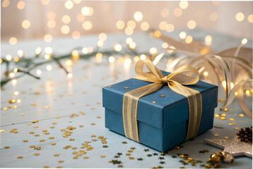 Poster - A beautifully wrapped blue gift box with a golden ribbon, surrounded by sparkling lights and festive decorations, perfect for celebrations.