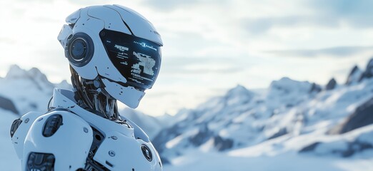 Poster - Futuristic humanoid robot in snowy mountain landscape, showcasing advanced technology and artificial intelligence, with a sleek design and digital display, copy space for text