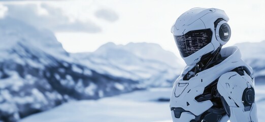 Poster - Futuristic humanoid robot in snowy landscape, showcasing advanced technology and sleek design, set against a backdrop of mountains and a serene lake, copy space for text