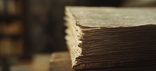 Poster - Ancient weathered book with yellowed pages, showcasing historical significance and timeless knowledge, set in a dimly lit library environment, copy space for text