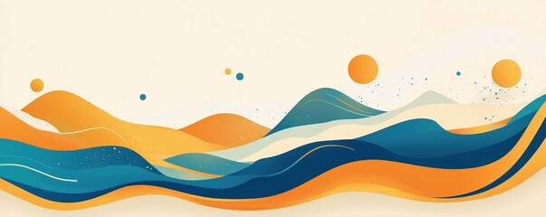Poster - Abstract landscape with flowing waves, vibrant colors, and celestial elements, featuring orange, blue, and cream tones, copy space for text