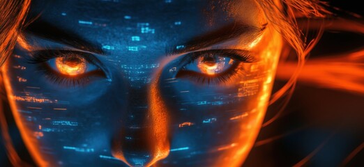 Poster - Futuristic cybernetic woman with glowing blue and orange facial patterns, intense gaze, digital data overlay, high-tech aesthetic, copy space for text