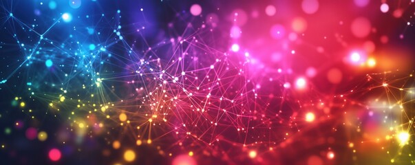 Poster - Colorful abstract background with glowing lights and interconnected lines, representing digital technology and data visualization, copy space for text