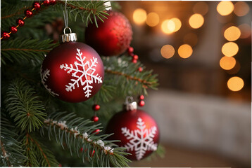 Poster - A festive close-up of red Christmas ornaments adorned with snowflakes, hanging on a beautifully decorated tree with warm, glowing lights in the background.