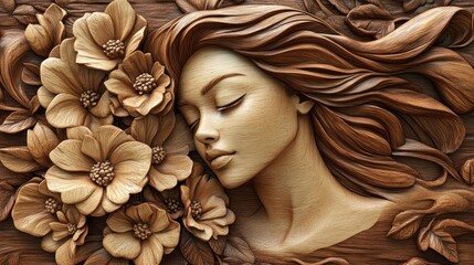 Wall Mural - Wood carved woman sleeping among flowers. Background Wooden wall. Use Art